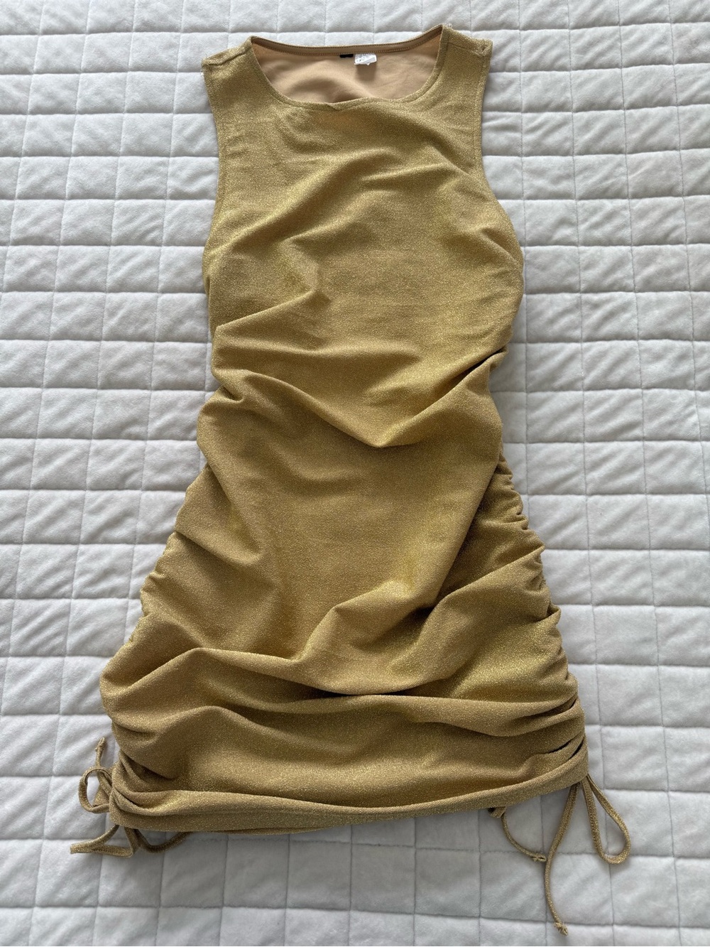 H&M Sleeveless Shimmer Gold Ruched Side-Tie Mini Dress